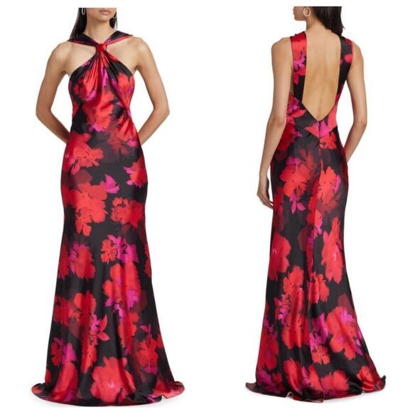Ml Monique Lhuillier Mallory Floral Satin Halterneck Gown Us 10 $575